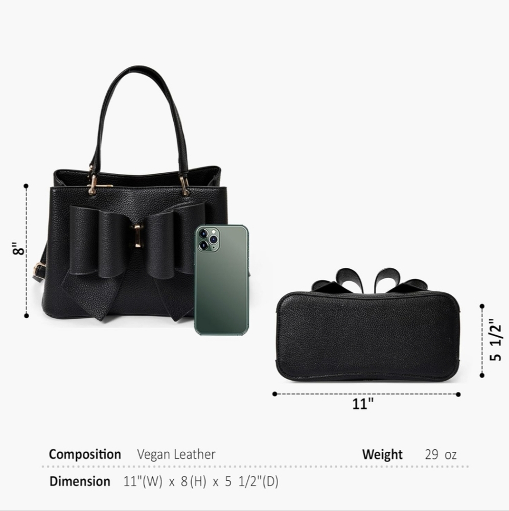 New!!! 3D Bow Vegan Leather 3-Way Wear Black Satchel, Crossbody, & Shoulder Bag - Picture 11 of 15